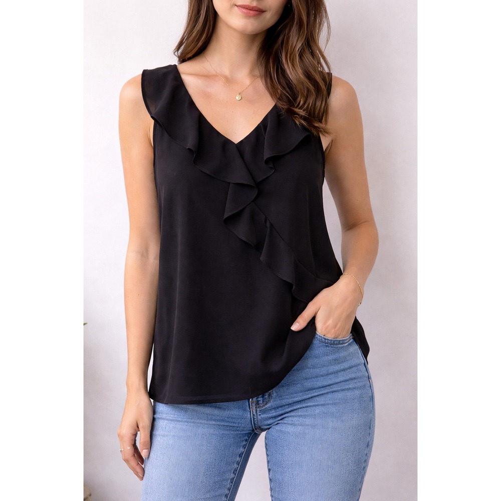 Zara Basic Blouse Womens Small Black Ruffle V-Neck Sleeveless Chiffon Top